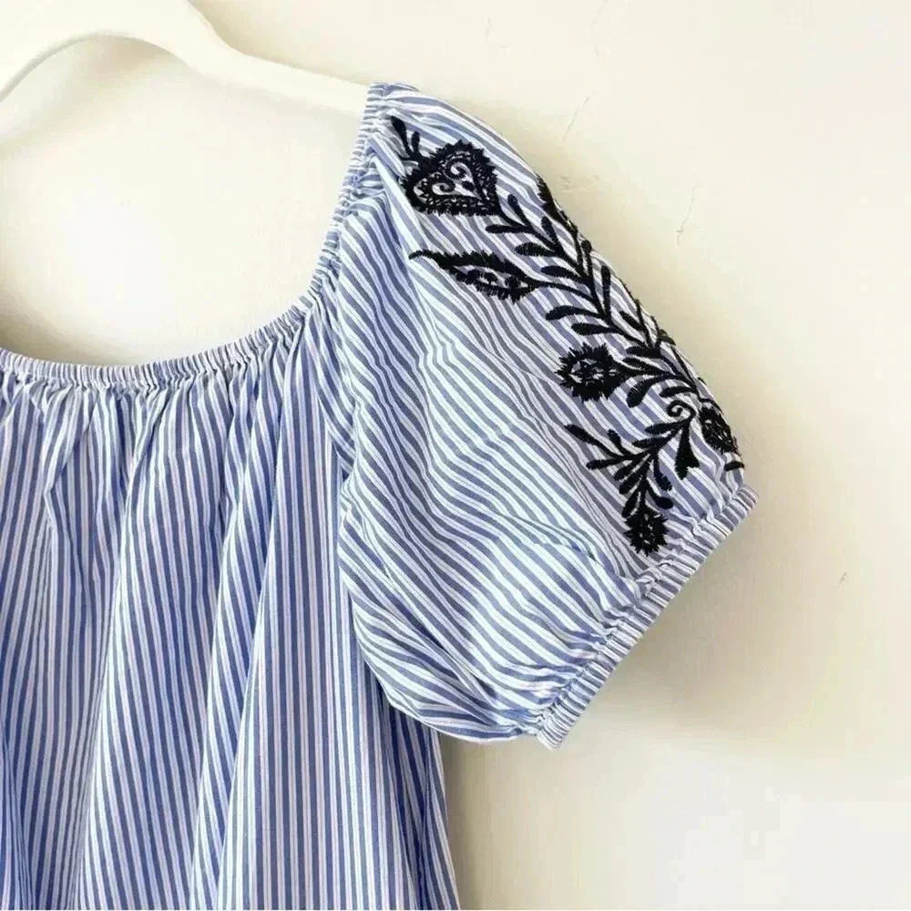 Who What Wear Embroidered Puff Sleeve Striped Midi Dress M EUC - Picture 2 of 8